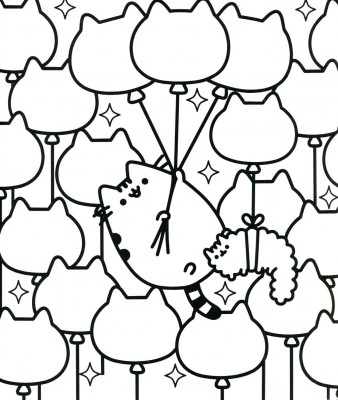 Kolorowanka Pusheen unosi się w górę za pomocą balonów